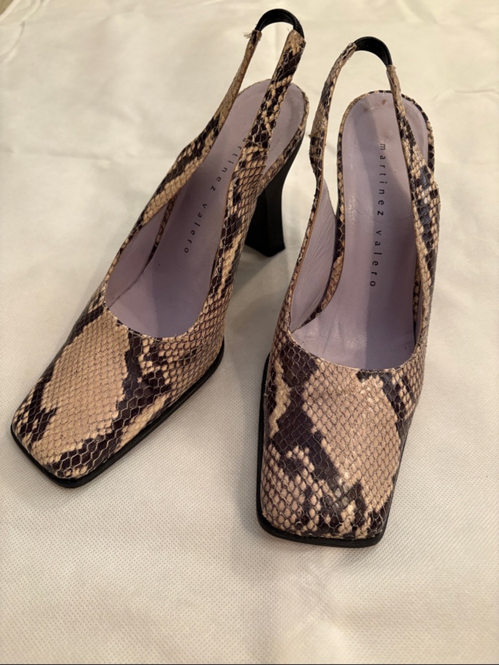 Martinez Valero Tan and Brown Snake-Print Slingback Heels, size 7